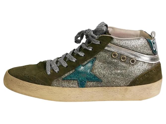 Golden Goose Deluxe Brand Green sparkly suede Mid Star trainers